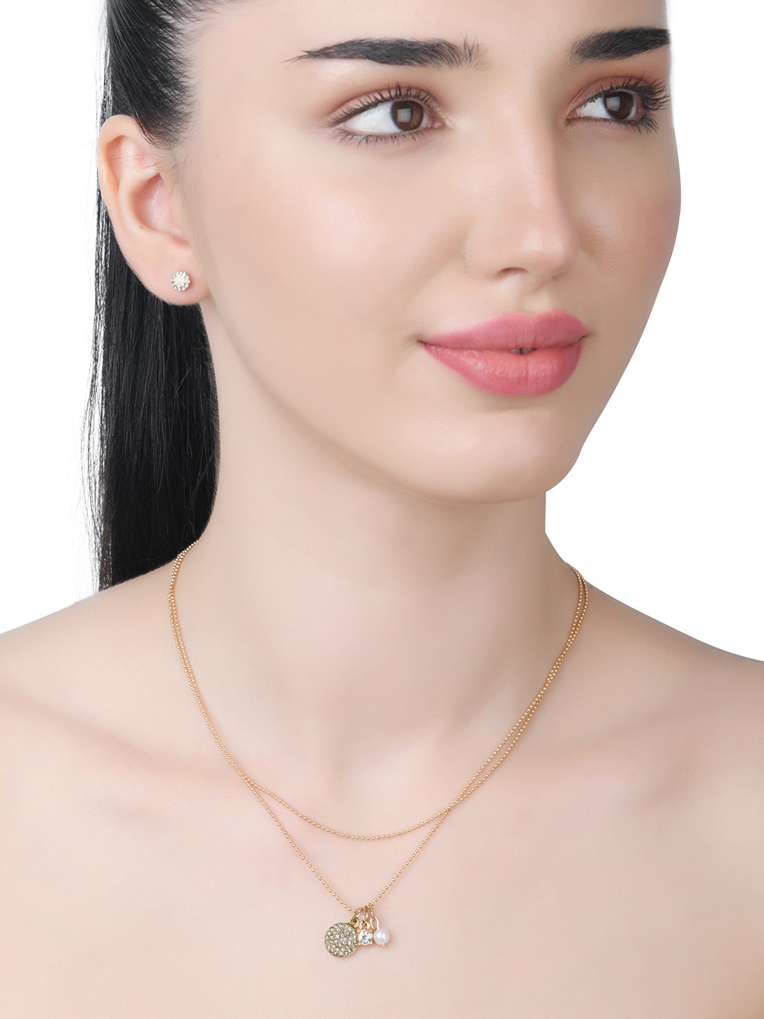 

Lilly & Sparkle Gold Toned 2 Layer Necklace With Pearl Charm Stud Earrings