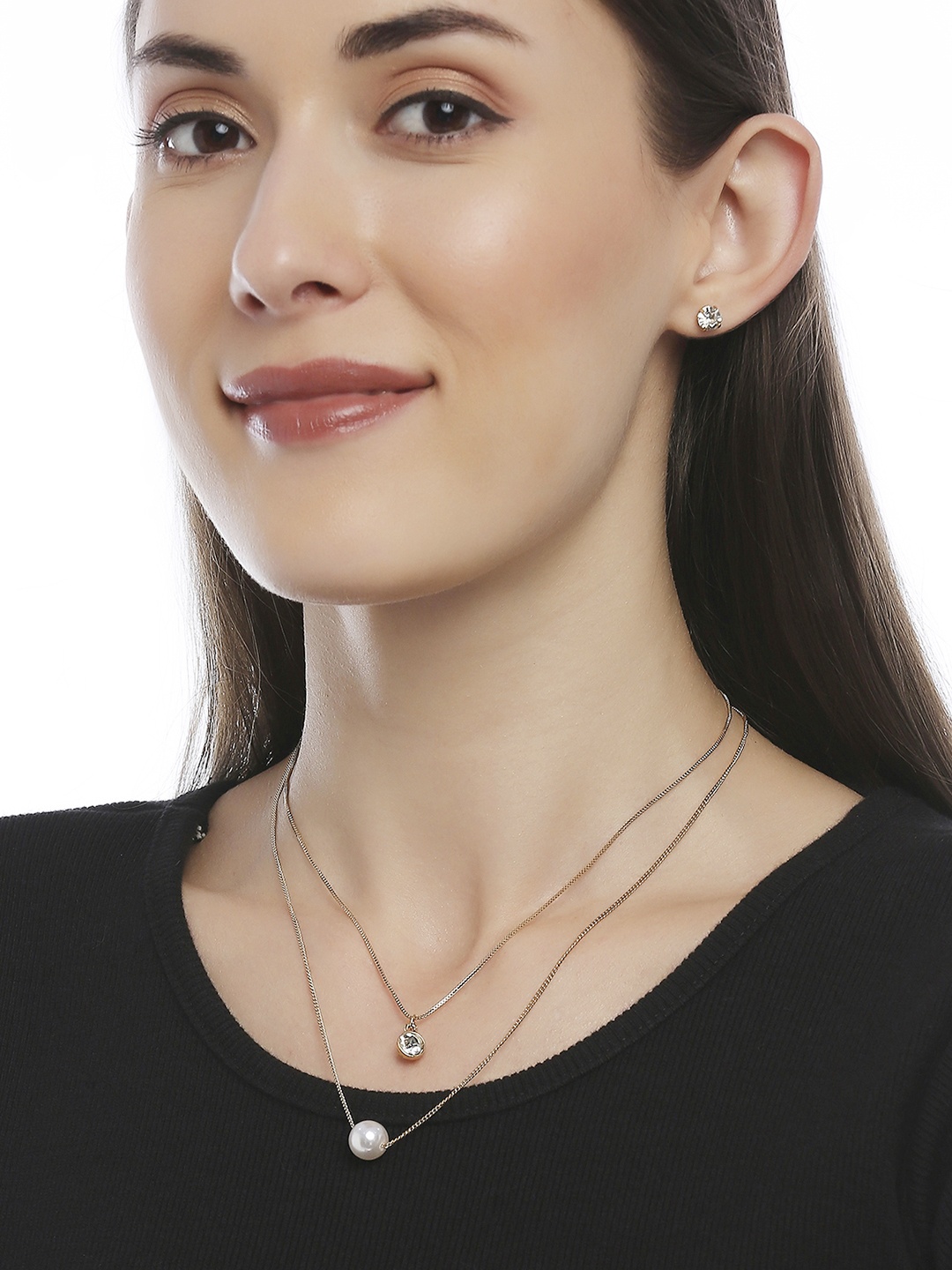 

Lilly & Sparkle Gold Toned 2 Layer Pearl & Stone Charm Necklace With Stud Earring