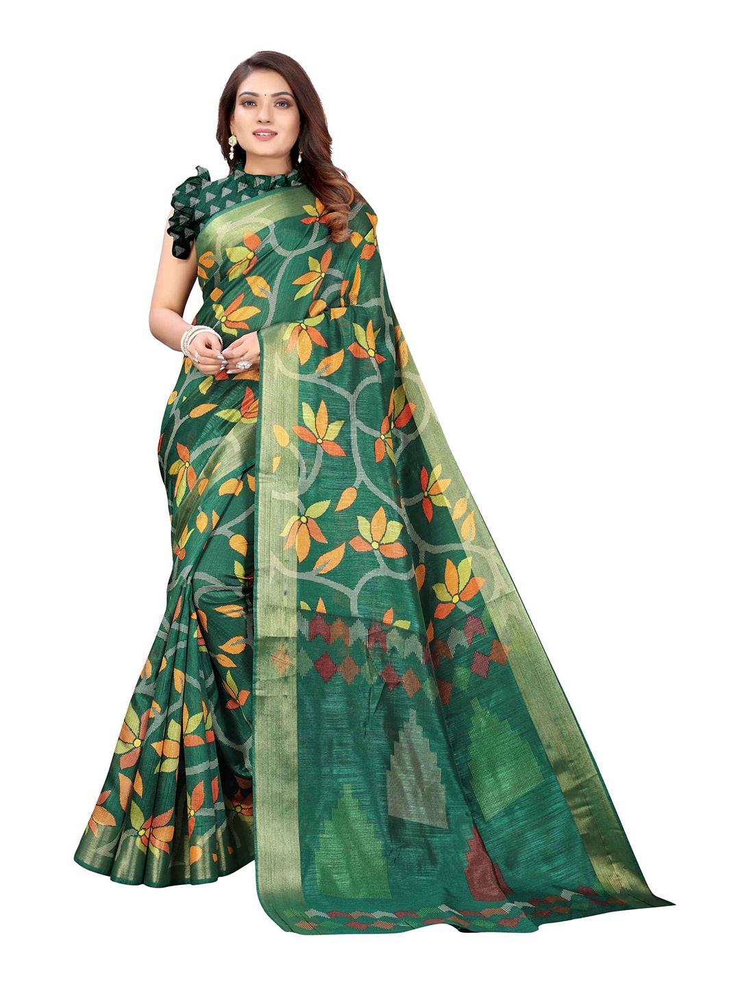 

AADVIKA Green & Orange Floral Printed Zari Linen Blend Saree