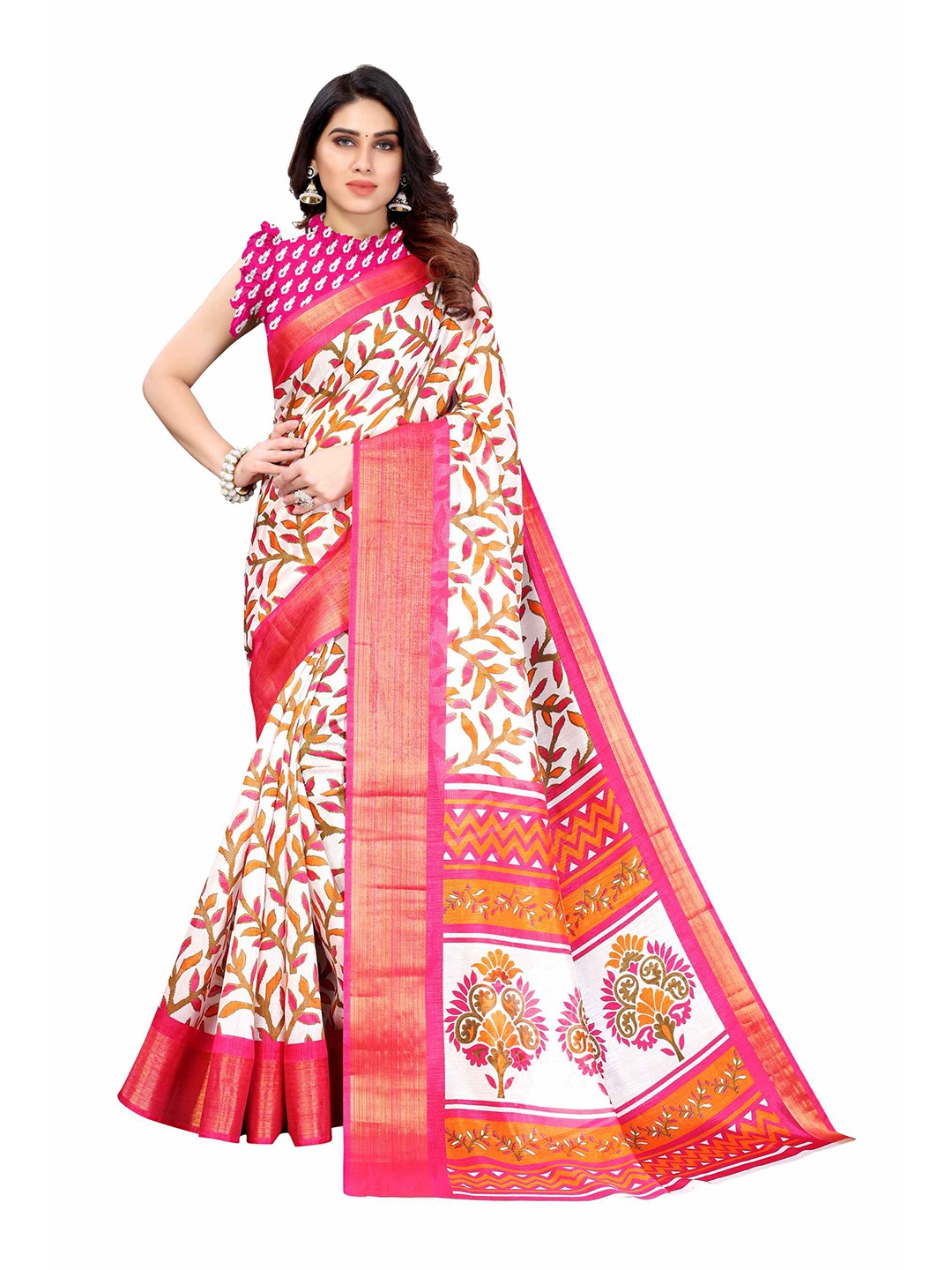 

AADVIKA Pink & White Floral Linen Blend Saree