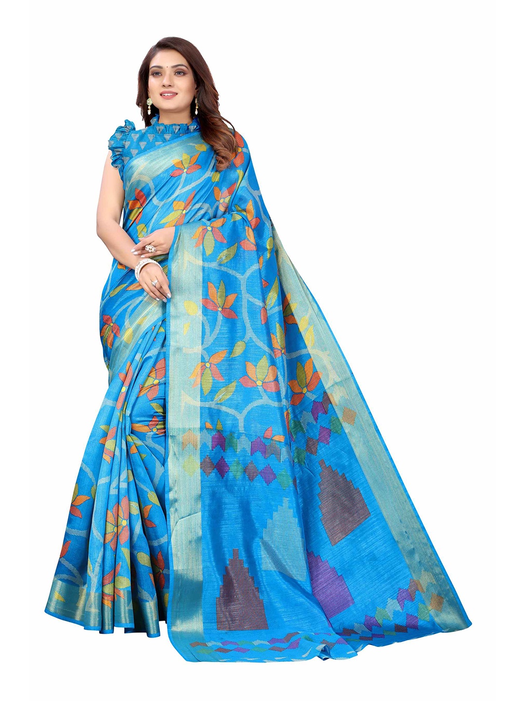 

AADVIKA Blue & Orange Floral Zari Linen Blend Saree