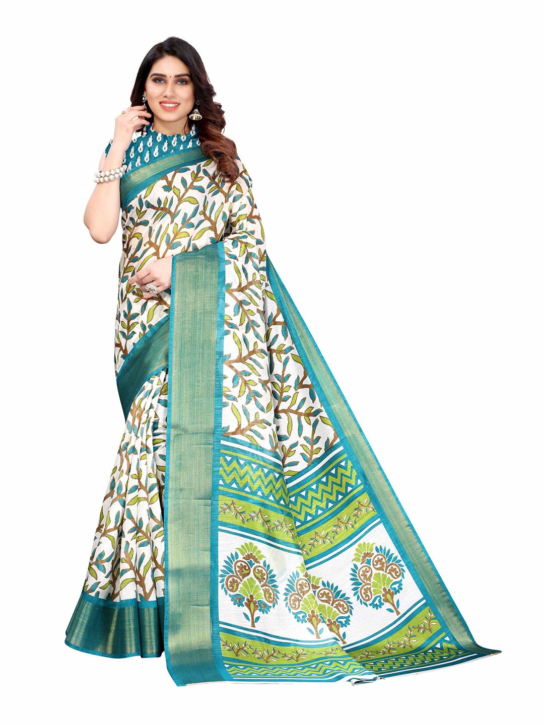 

AADVIKA Green & White Floral Zari Linen Blend Saree