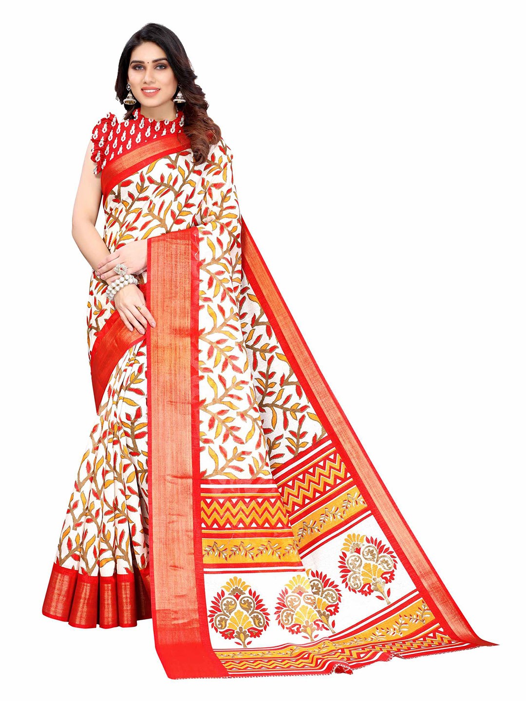 

AADVIKA Red & White Floral Zari Linen Blend Saree