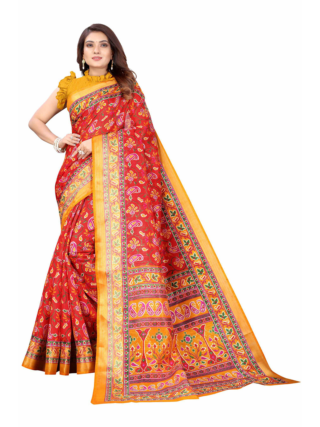 

AADVIKA Red & Orange Floral Linen Blend Saree