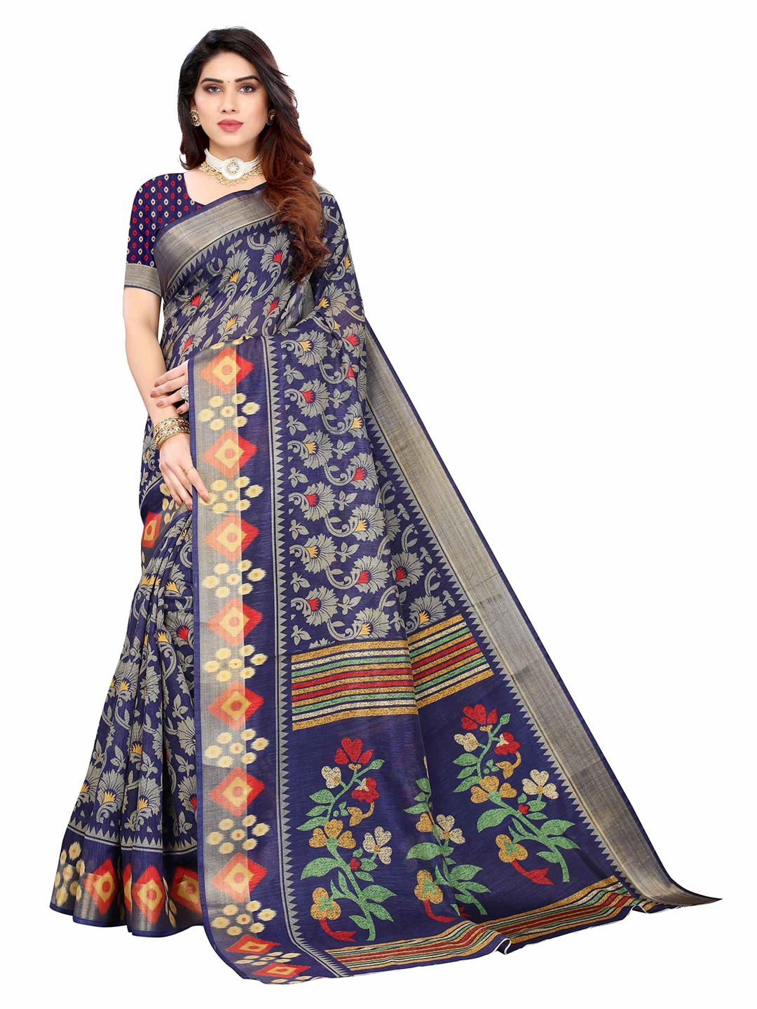 

AADVIKA Blue & Red Floral Printed Linen Blend Saree