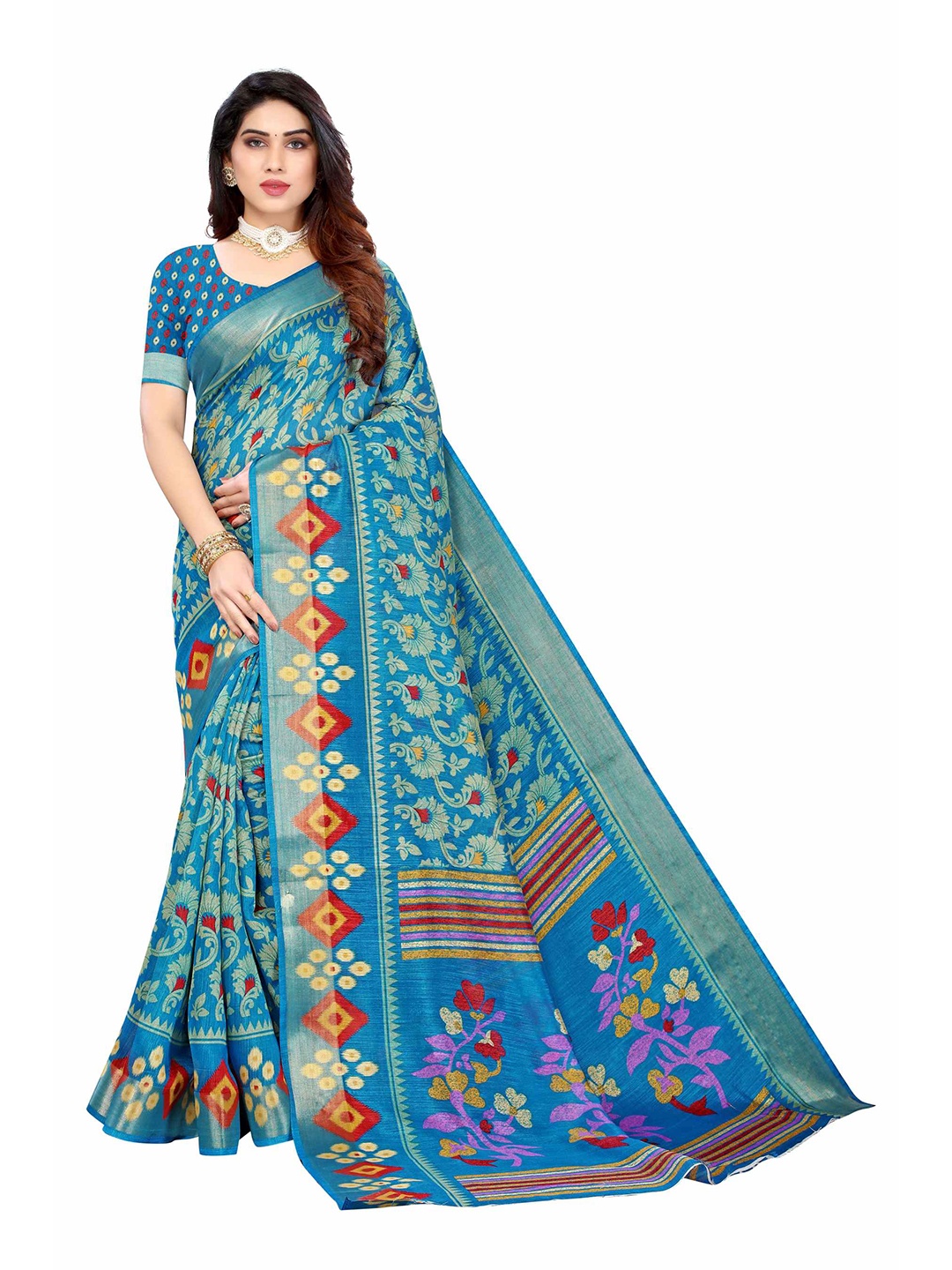 

AADVIKA Blue & Red Floral Linen Blend Saree