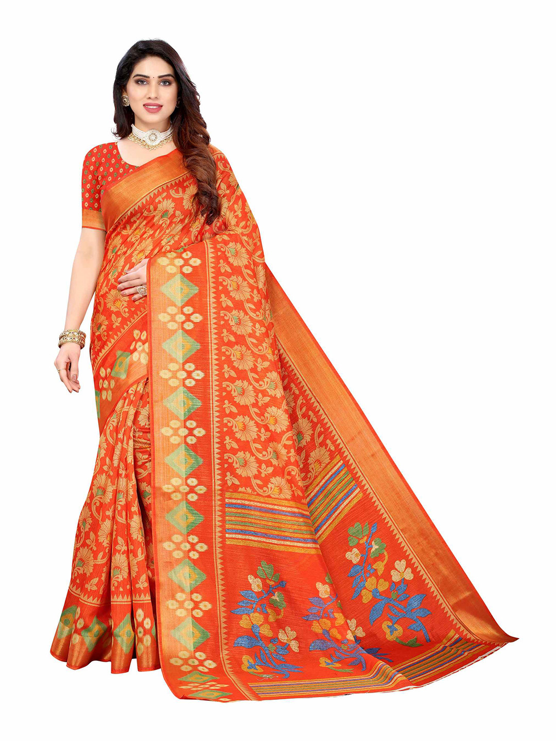 

AADVIKA Orange & Blue Floral Linen Blend Saree
