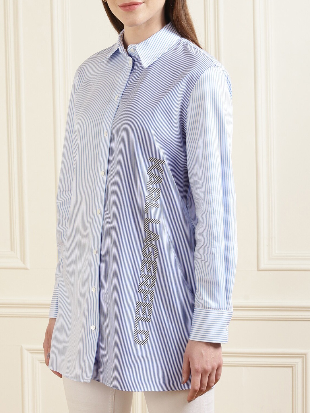 

Karl Lagerfeld Women Blue Striped Cotton Casual Shirt