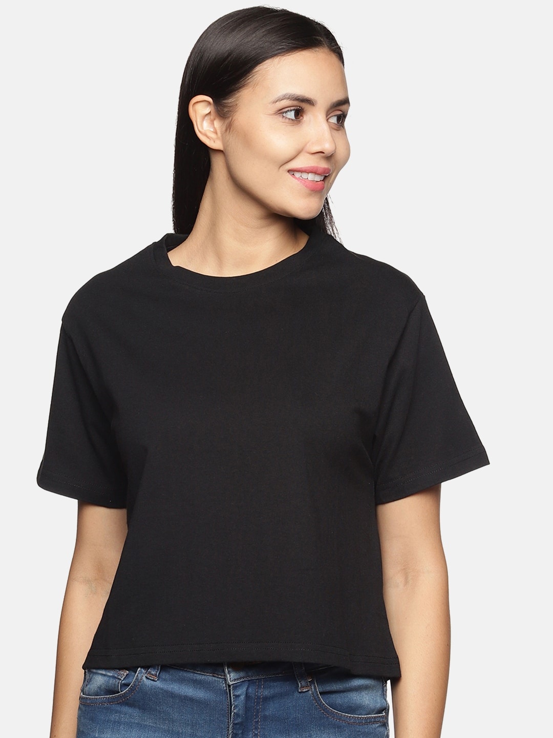

BEVERLY BLUES Women Black Solid Cotton T-shirt