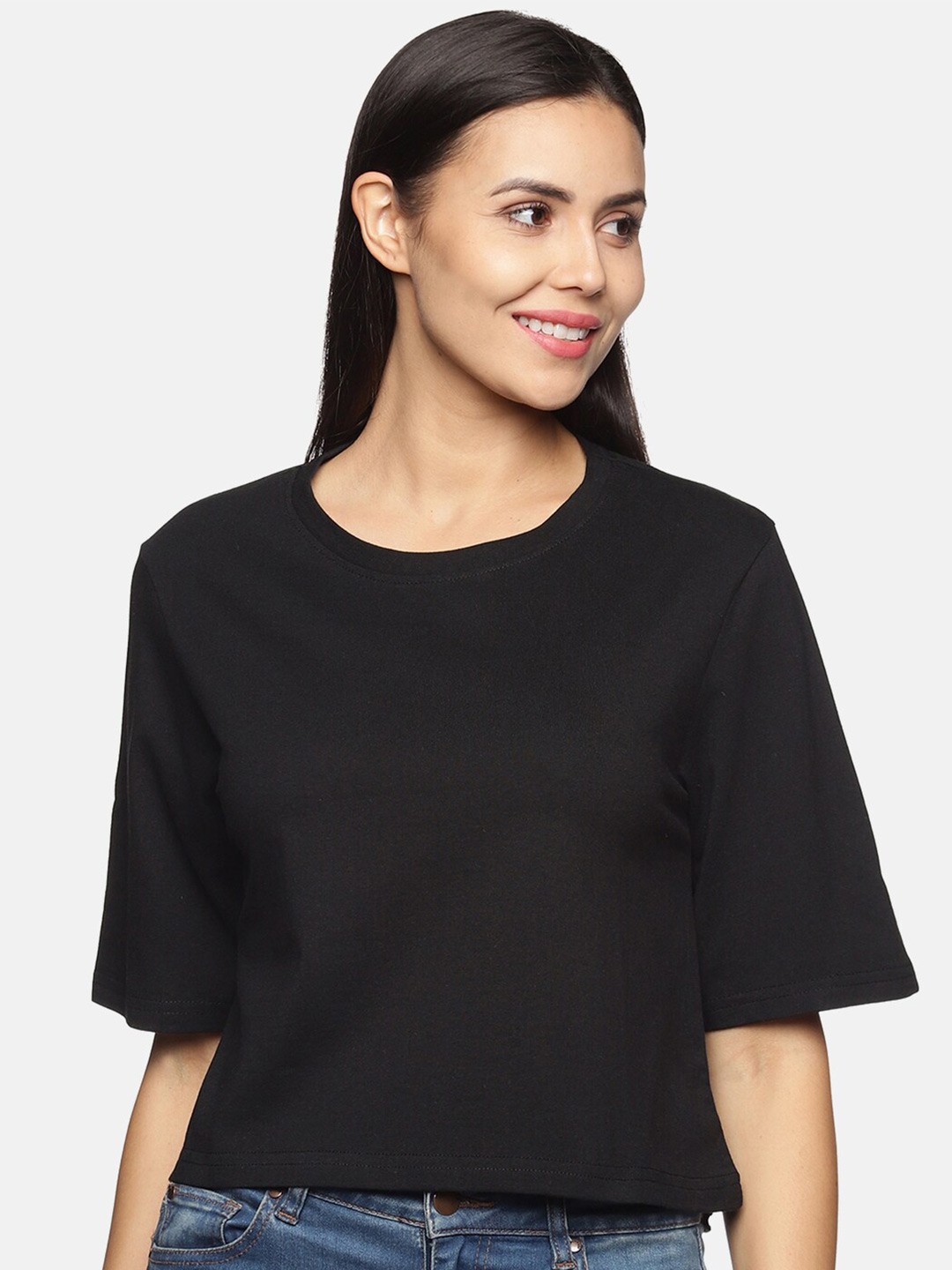 

BEVERLY BLUES Women Black Solid Cotton Crop T-shirt