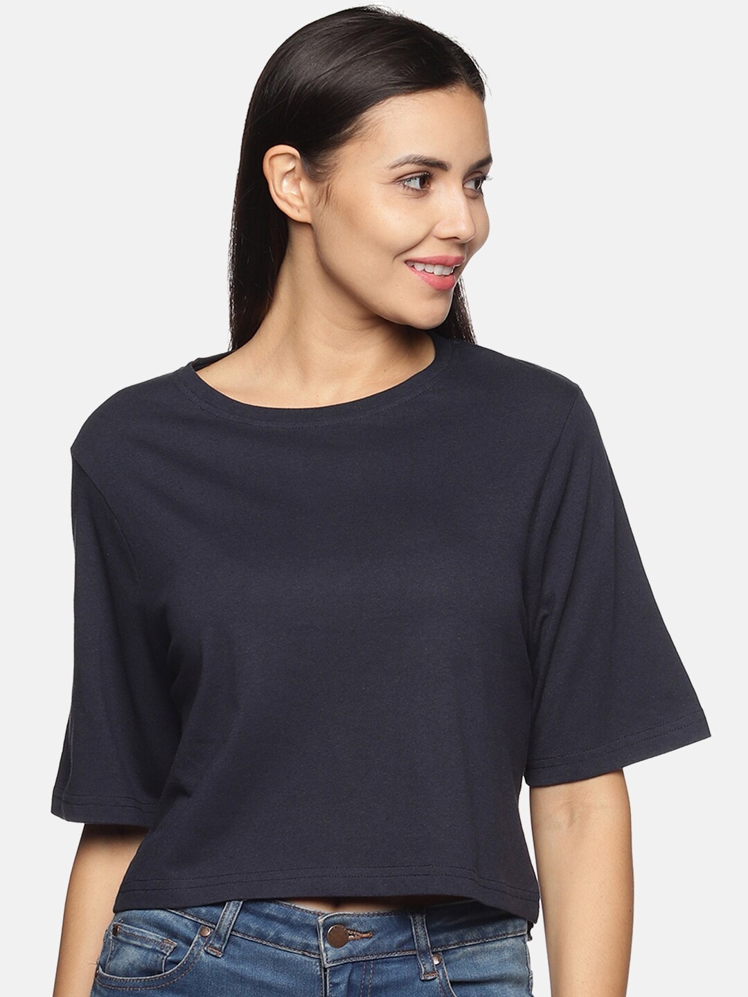 

BEVERLY BLUES Women Navy Blue Solid Cotton T-shirt