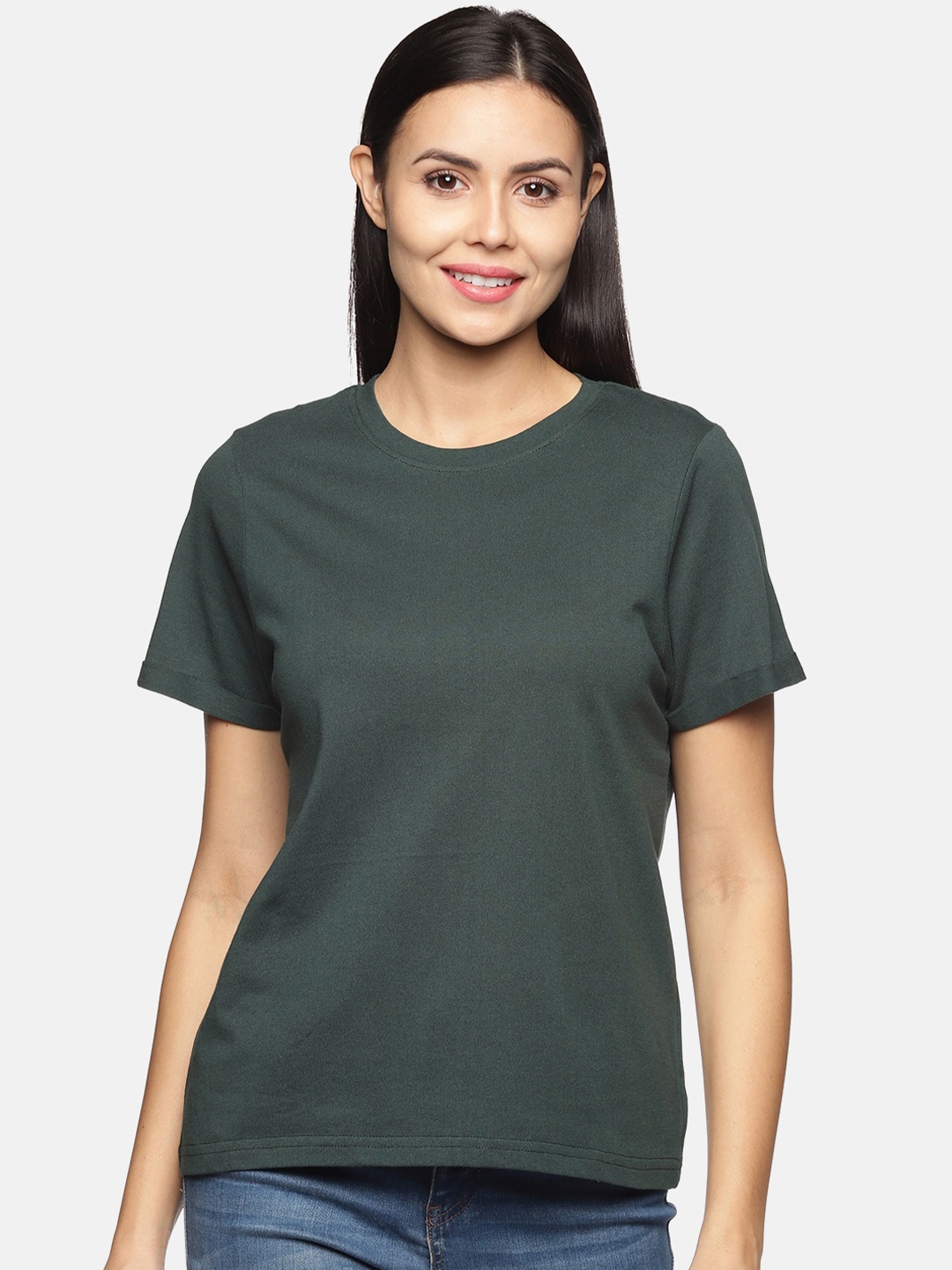 

BEVERLY BLUES Women Olive Green Solid Cotton T-shirt