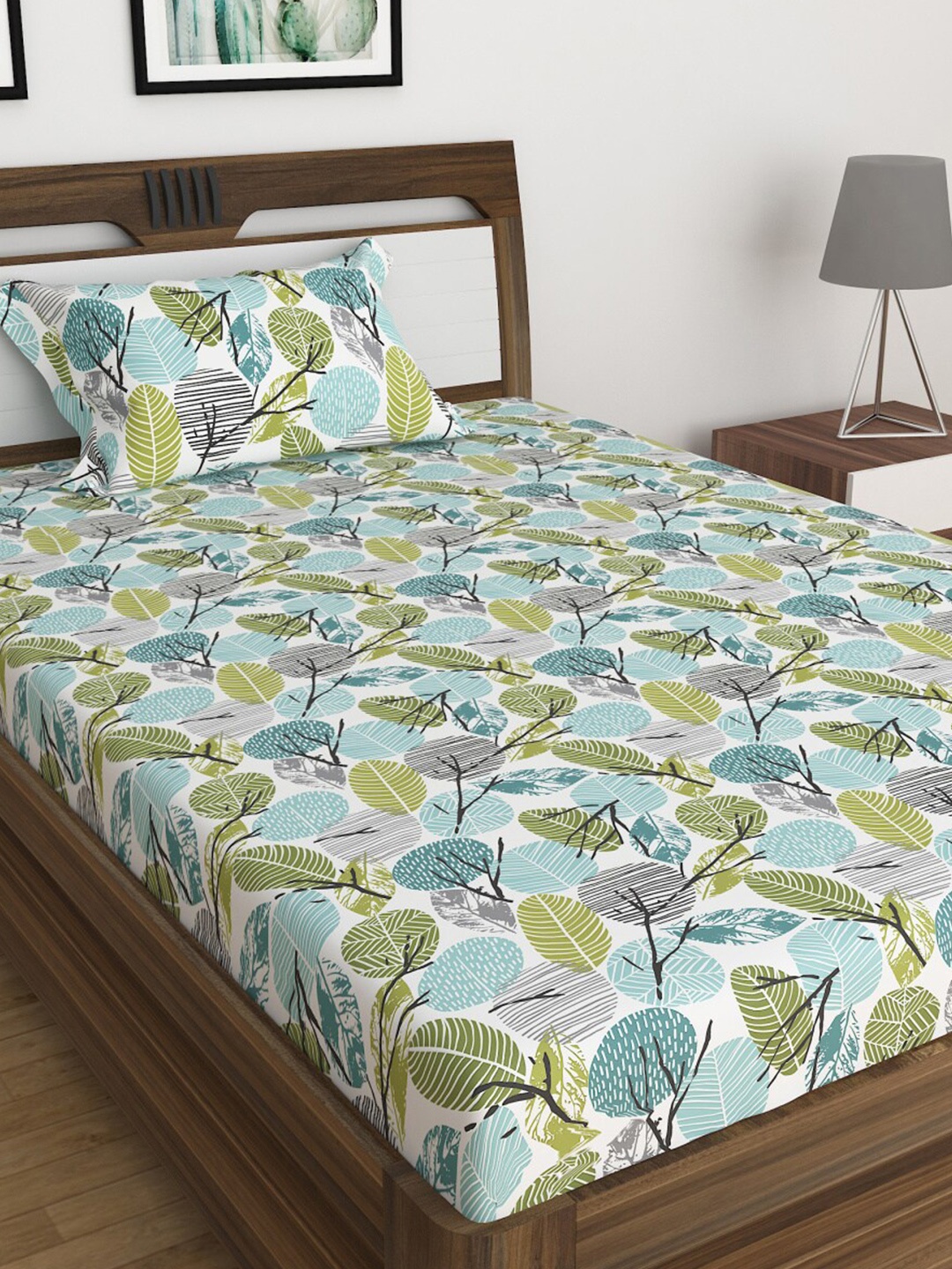 

Home Centre Teal & Green Floral 140 TC Single Bedsheet with 1 Pillow Covers