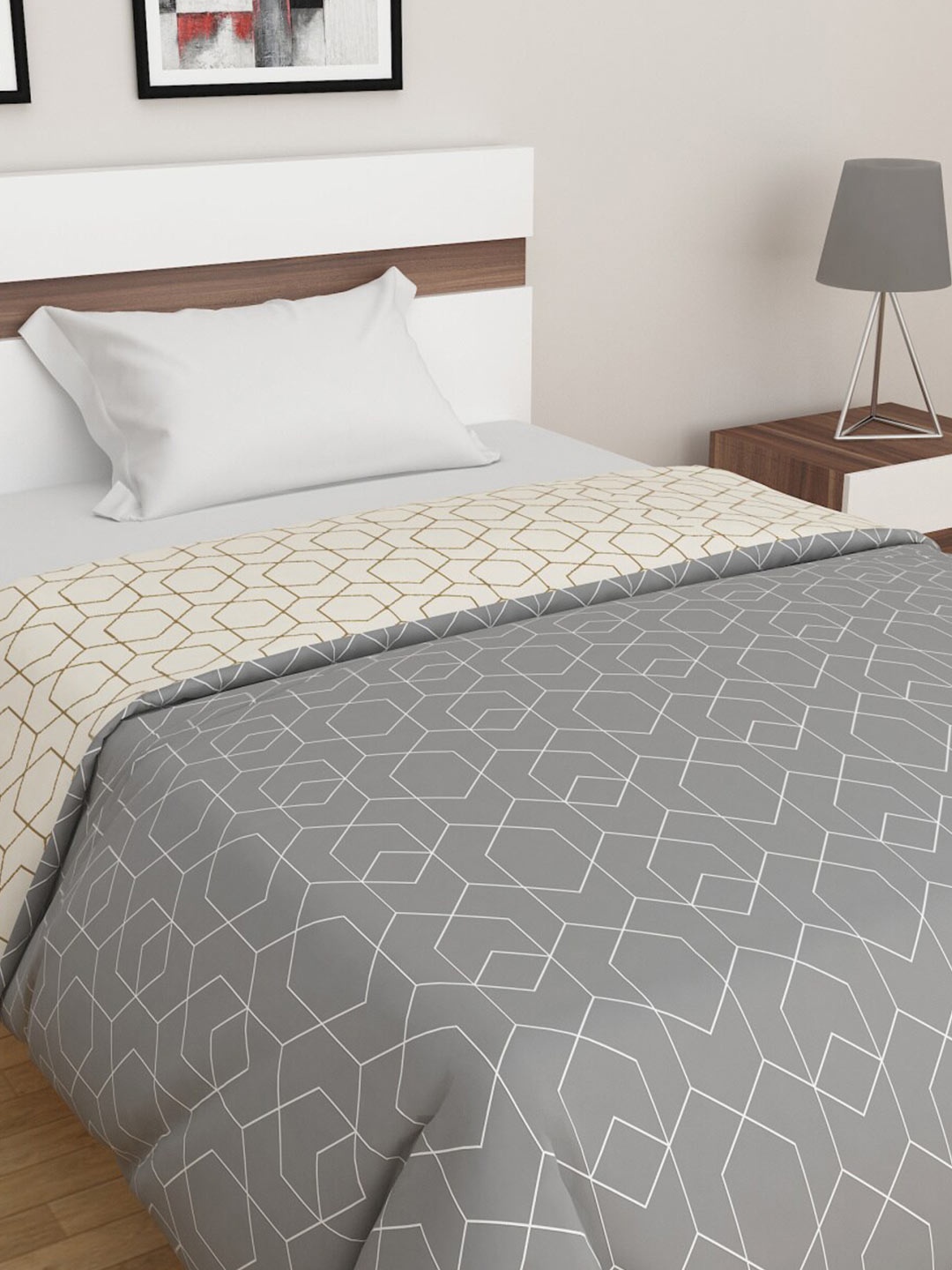 

Home Centre Cotton Geometric 140 TC Single Bedsheet with Pillow Covers, Grey