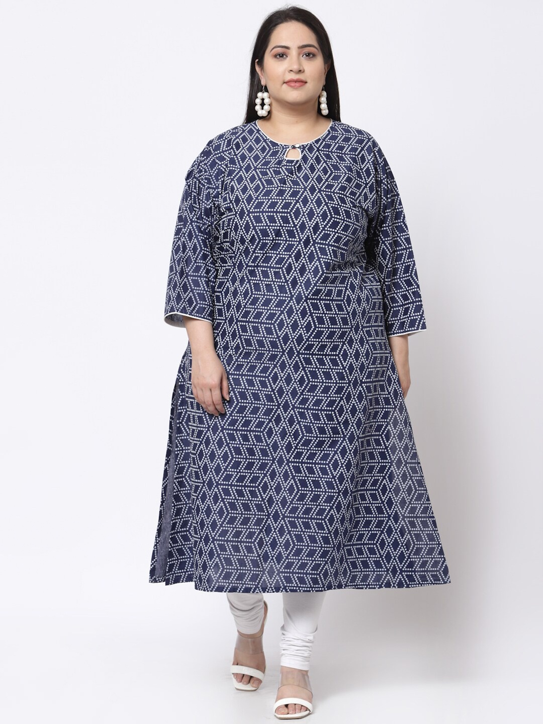 

KLOTTHE Women Plus Size Blue & White Geometric Printed Keyhole Pure Cotton Neck Kurta