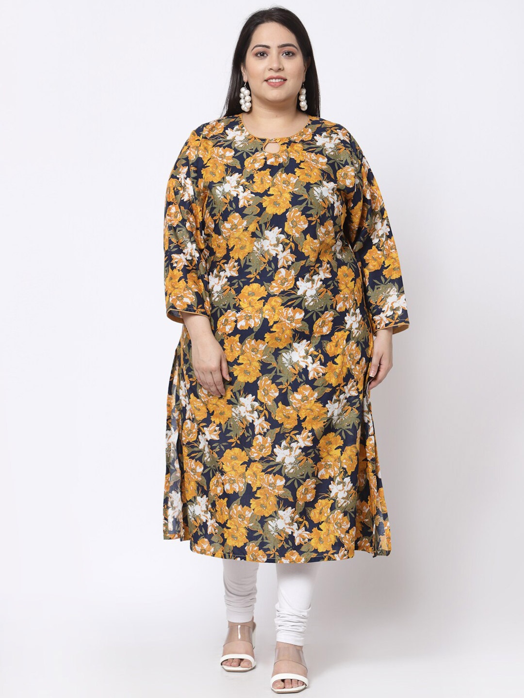 

KLOTTHE Women Navy Blue & Mustard Yellow Floral Printed Pure Cotton Straight Kurta