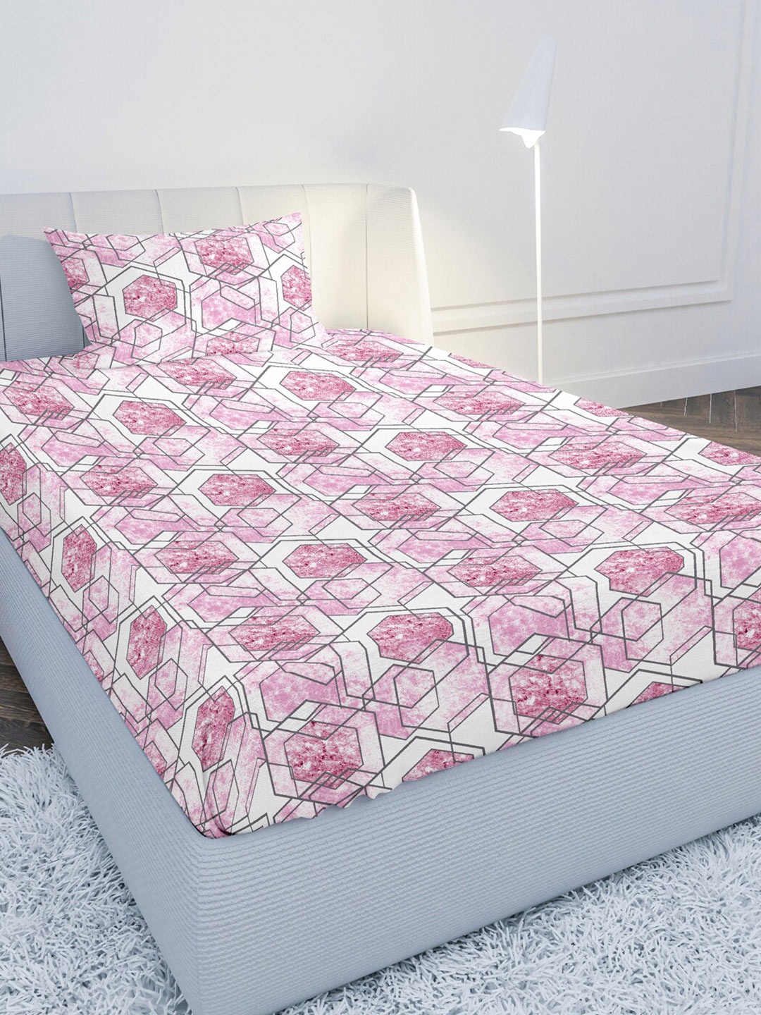 

MAYFAIR HOMES LONDON Pink & White Geometric 210 TC Single Bedsheet with 1 Pillow Covers