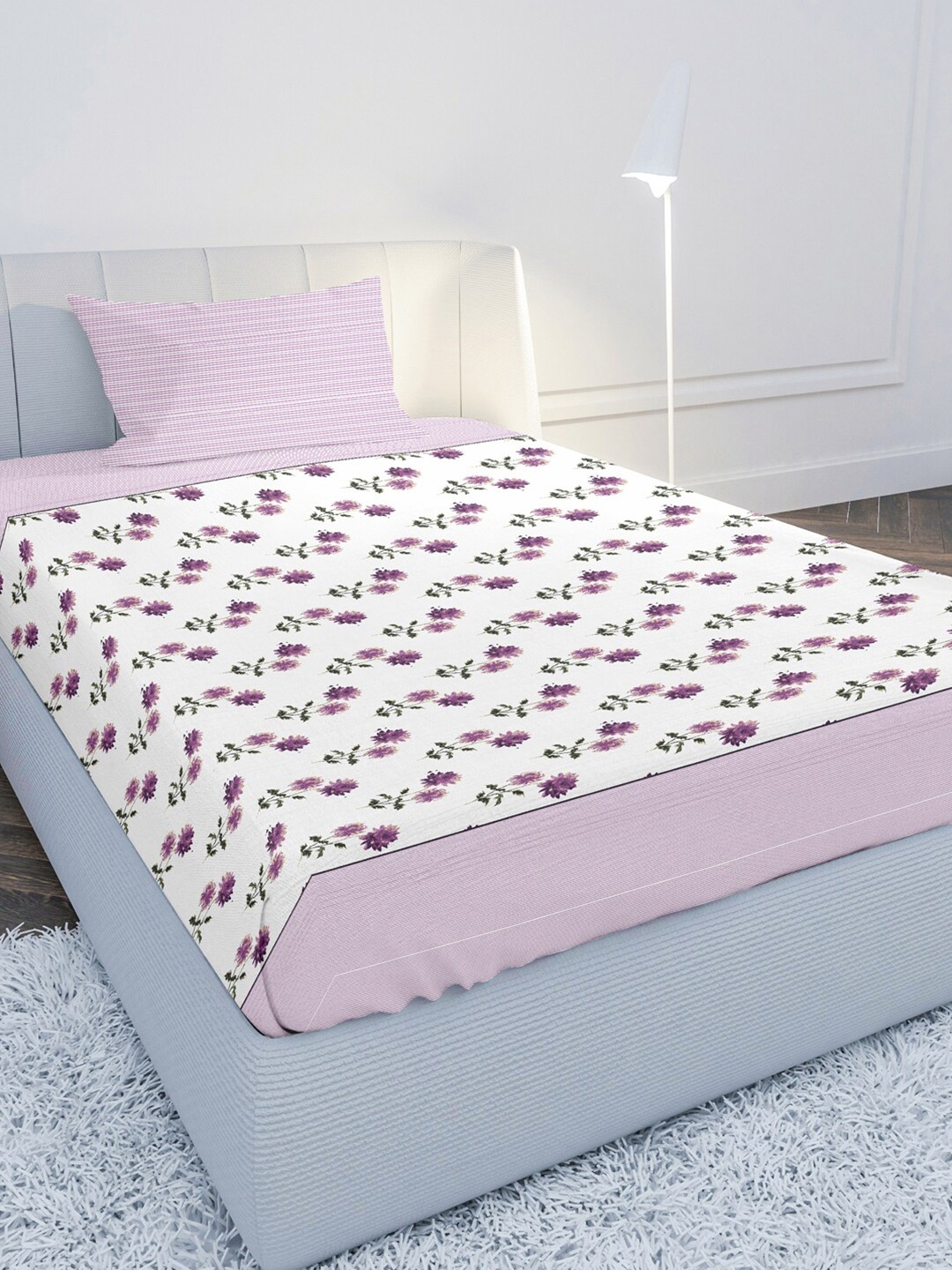 

MAYFAIR HOMES LONDON White & Pink Floral 210 TC Single Bedsheet with 1 Pillow Cover