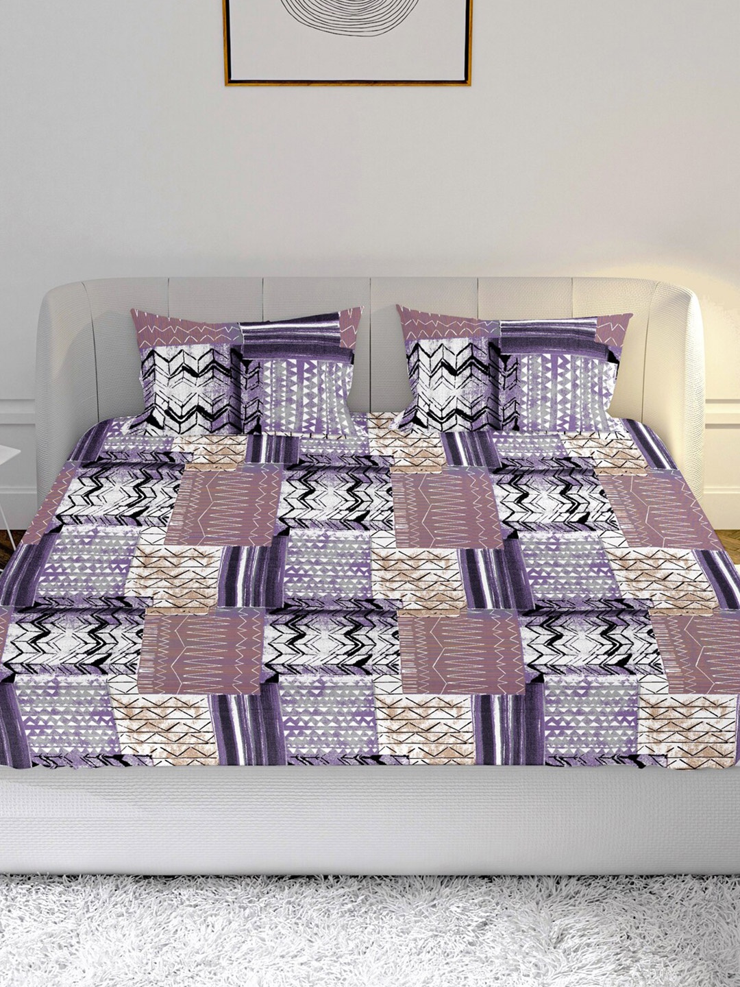 

MAYFAIR HOMES LONDON Purple & Black Geometric 210 TC King Bedsheet with 2 Pillow Covers