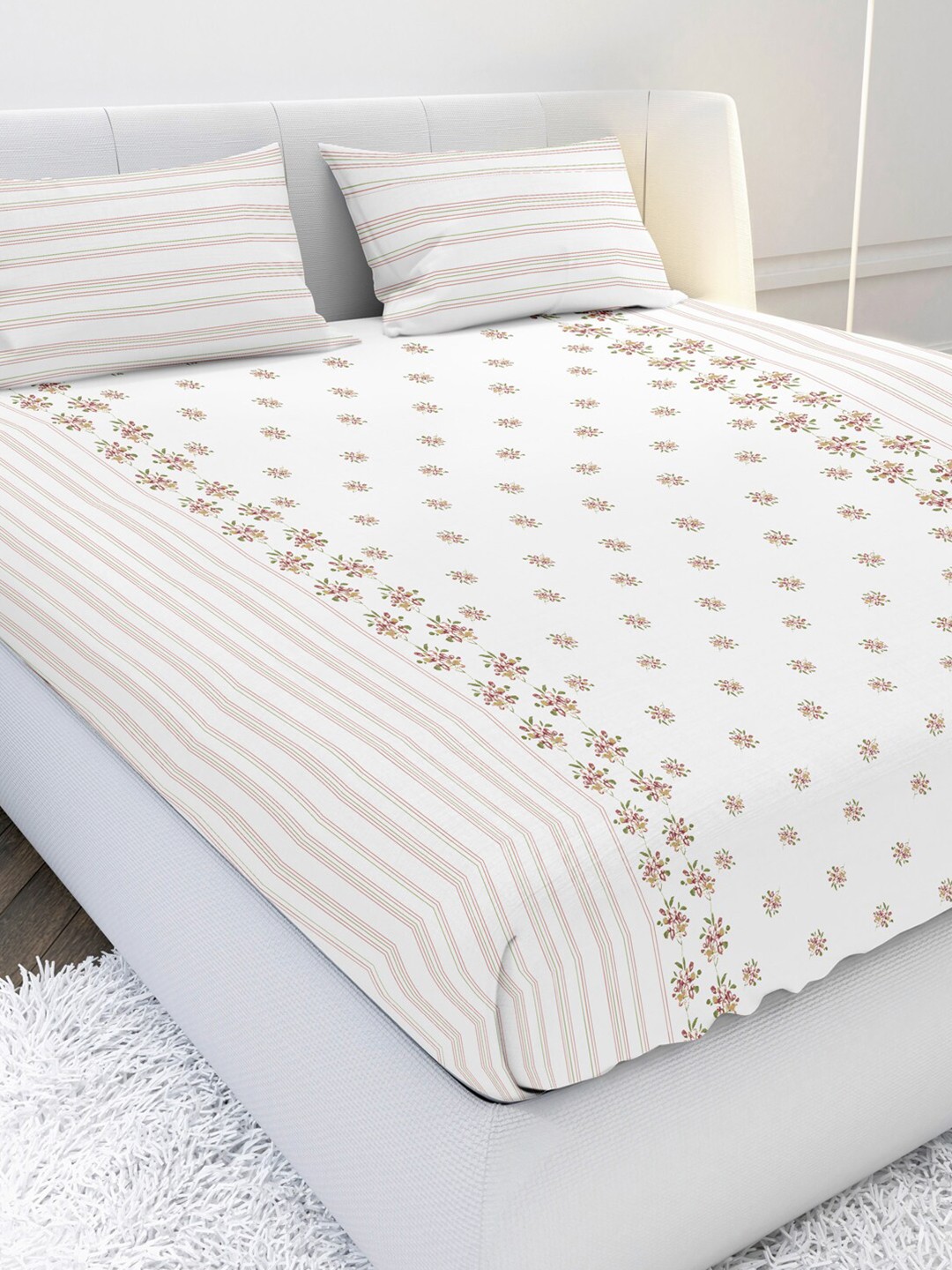 

MAYFAIR HOMES LONDON White & Peach-Coloured Floral 210 TC King Bedsheet with 2 Pillow Covers