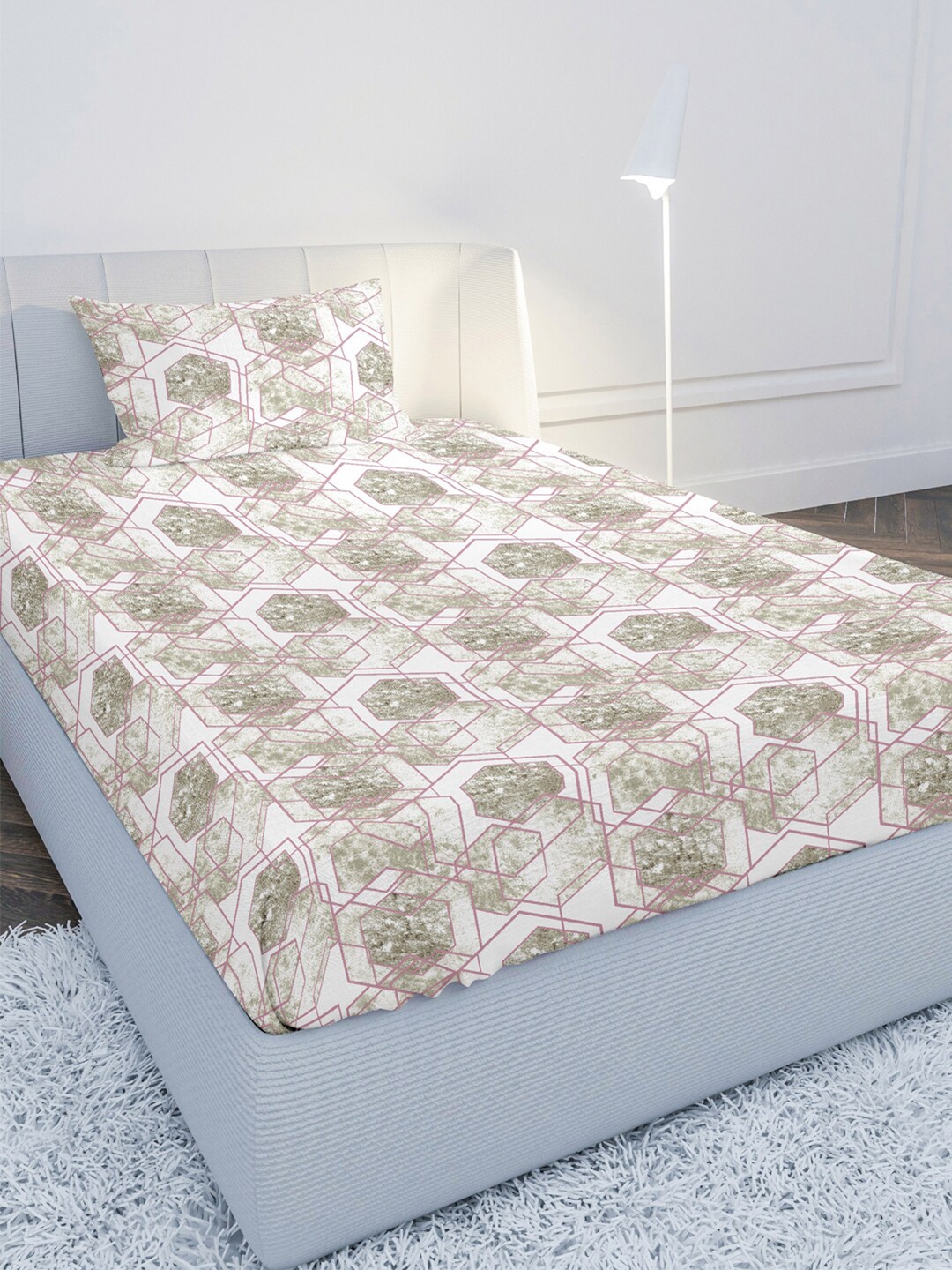 

MAYFAIR HOMES LONDON White & Green Geometric 210 TC Single Bedsheet with 1 Pillow Cover