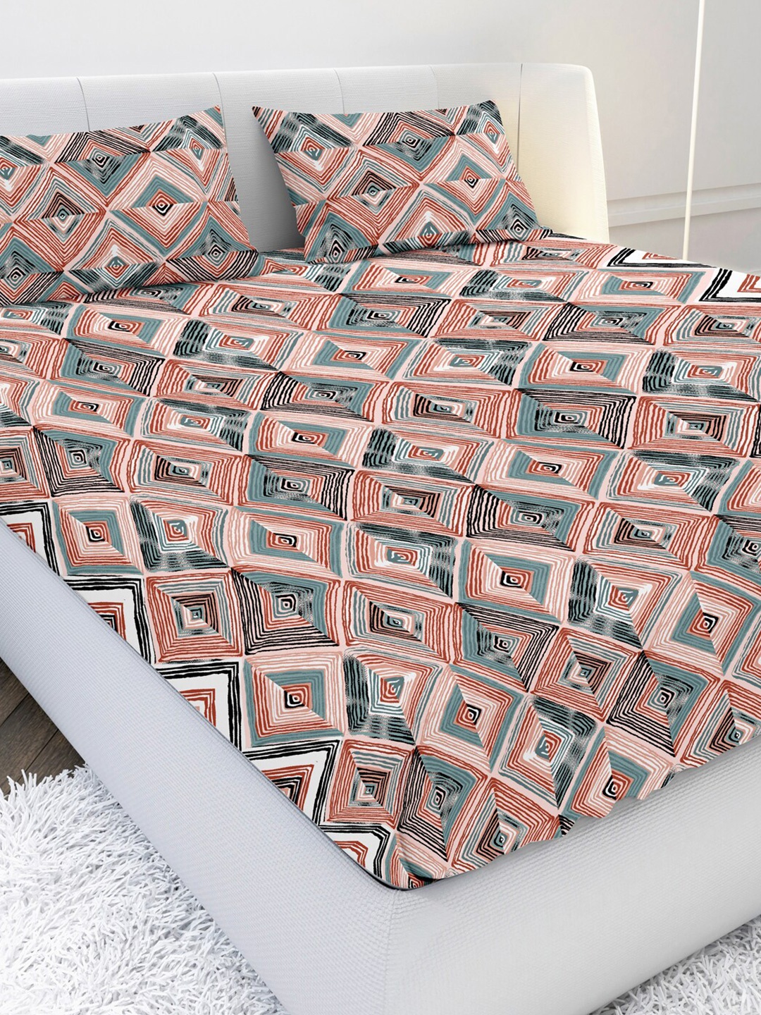 

MAYFAIR HOMES LONDON Peach-Coloured & Blue Geometric 210 TC King Bedsheet with 2 Pillow Covers