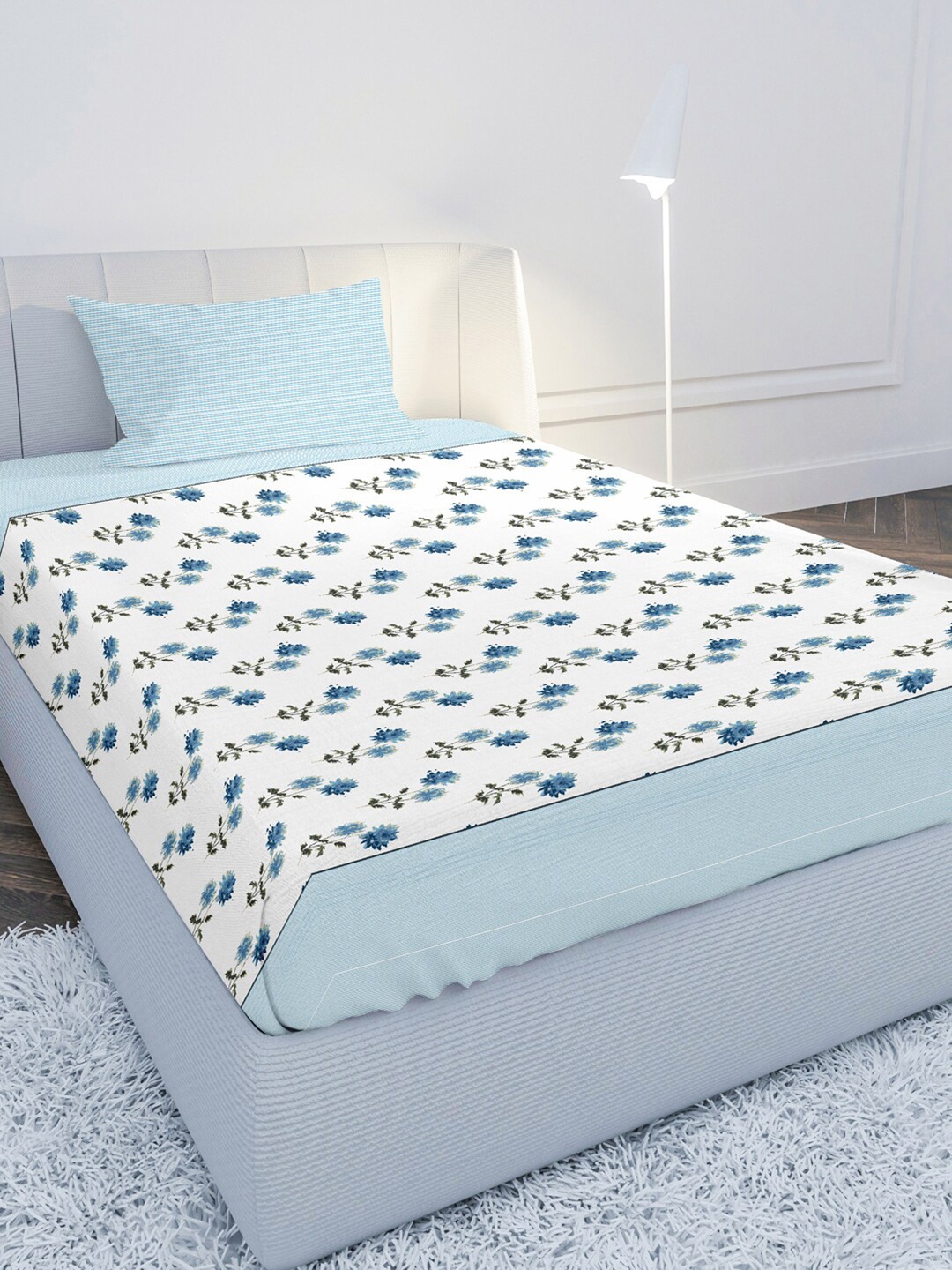

MAYFAIR HOMES LONDON Blue & White Floral 210 TC Cotton Satin Bedsheet with 1 Pillow Cover