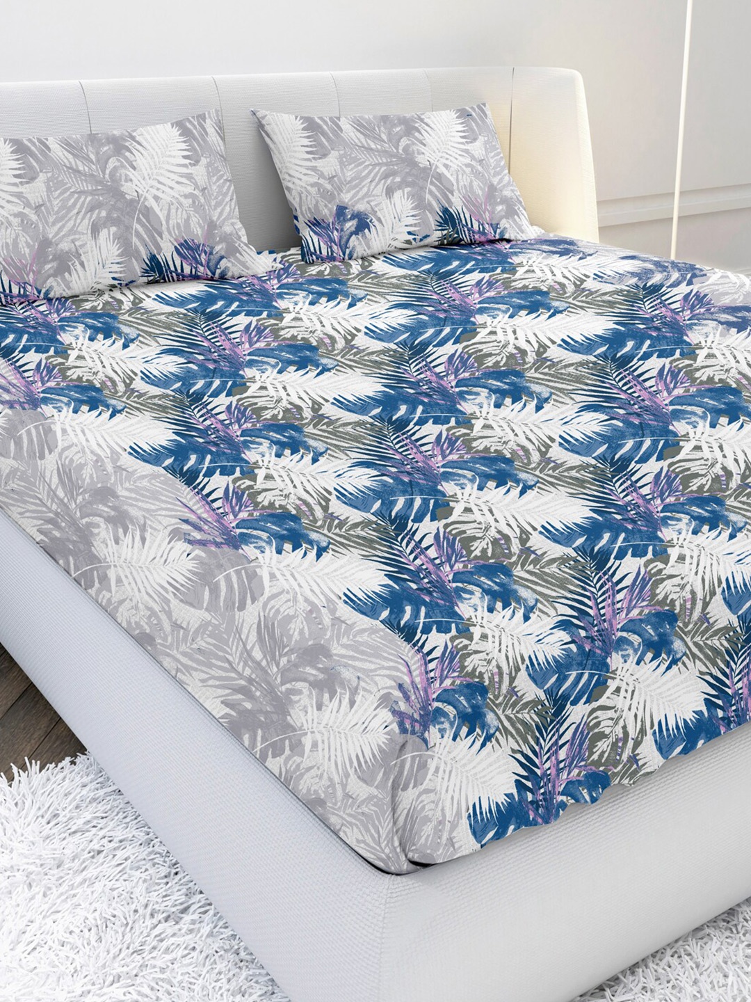 

MAYFAIR HOMES LONDON Blue & Grey 210 TC King Floral Cotton Bedsheet with 2 Pillow Covers