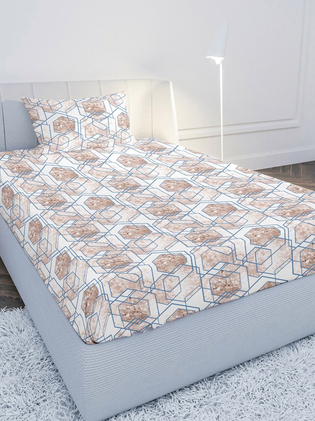 

MAYFAIR HOMES LONDON Brown & Blue 210 TC Single Geometric Cotton Bedsheet 1 Pillow Covers
