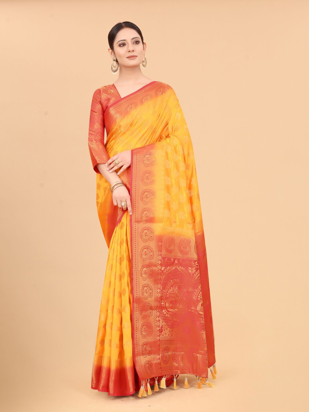 

PERFECT WEAR Mustard & Red Ethnic Motifs Zari Silk Cotton Banarasi Saree