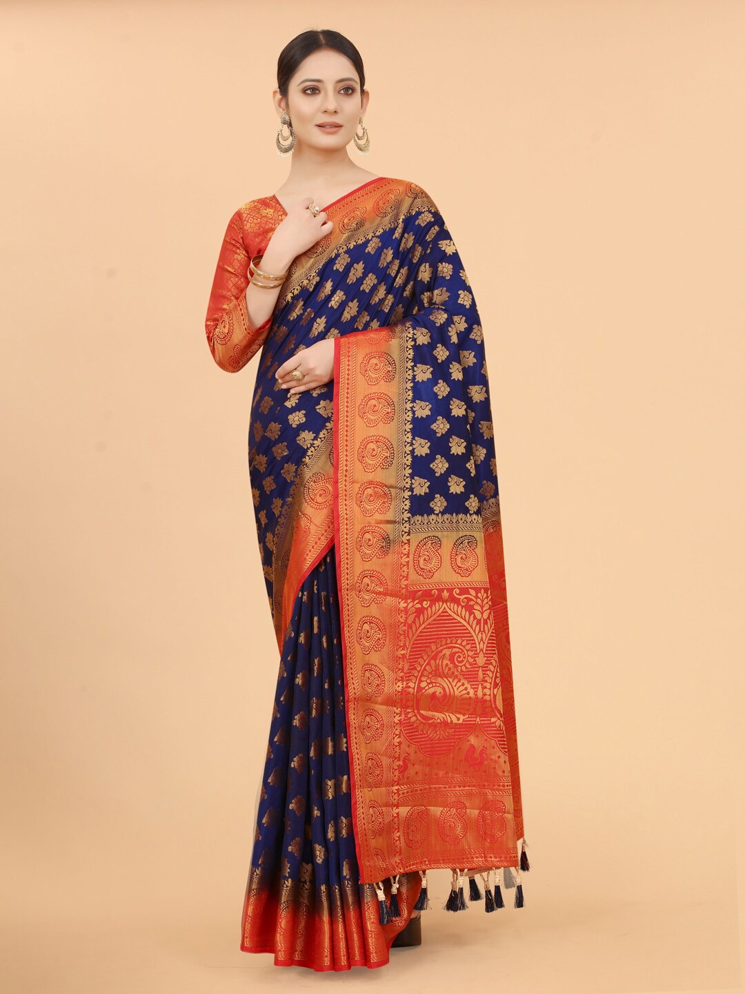 

PERFECT WEAR Blue & Red Woven Design Zari Silk Cotton Banarasi Saree