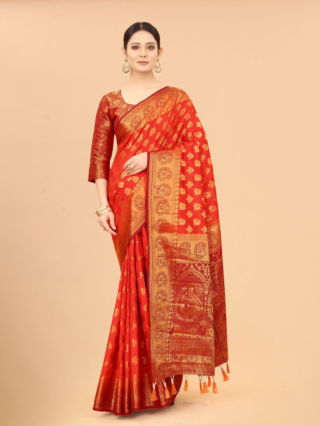 

PERFECT WEAR Red Ethnic Motifs Zari Silk Cotton Banarasi Saree