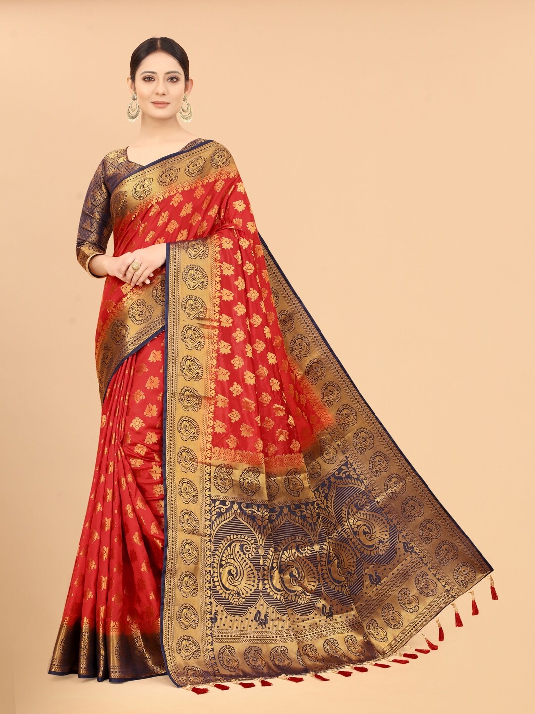 

PERFECT WEAR Red & Blue Woven Design Zari Silk Cotton Banarasi Saree