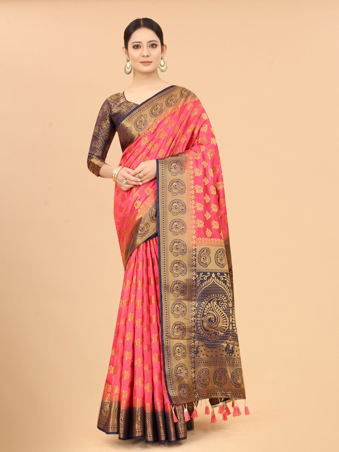 

PERFECT WEAR Pink & Blue Woven Design Zari Silk Cotton Banarasi Saree