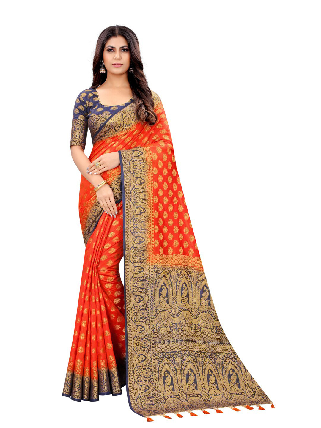 

PERFECT WEAR Orange & Navy Blue Woven Design Zari Silk Cotton Banarasi Saree
