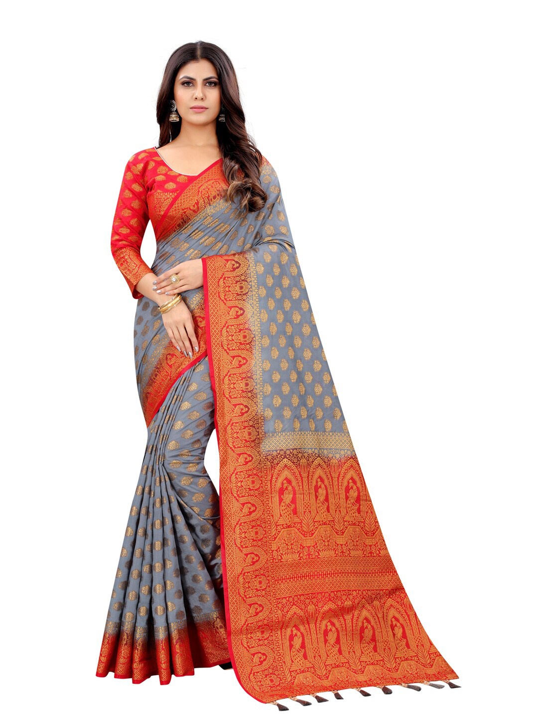 

PERFECT WEAR Grey & Red Ethnic Motifs Zari Silk Cotton Banarasi Saree