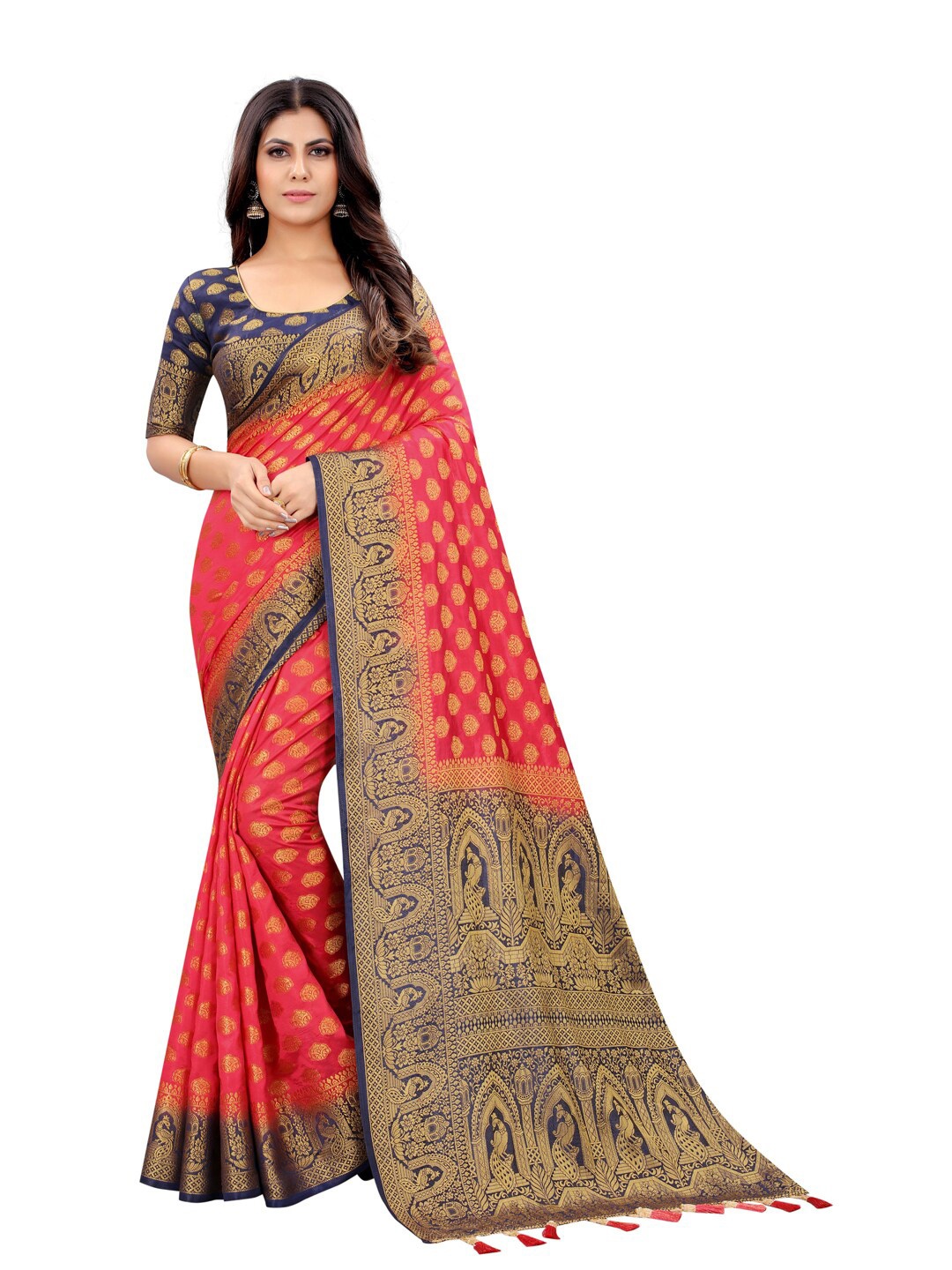 

PERFECT WEAR Magenta & Navy Blue Ethnic Motifs Zari Silk Cotton Banarasi Saree