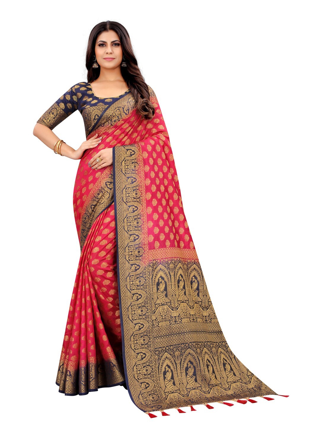 

PERFECT WEAR Pink & Navy Blue Ethnic Motifs Zari Silk Cotton Banarasi Saree