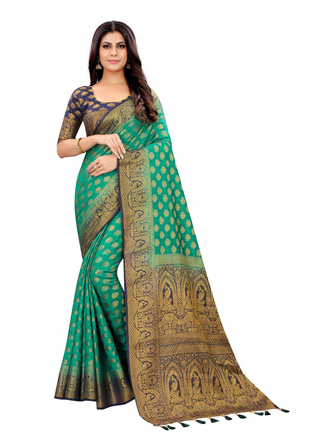 

PERFECT WEAR Green & Navy Blue Woven Design Zari Silk Cotton Banarasi Saree