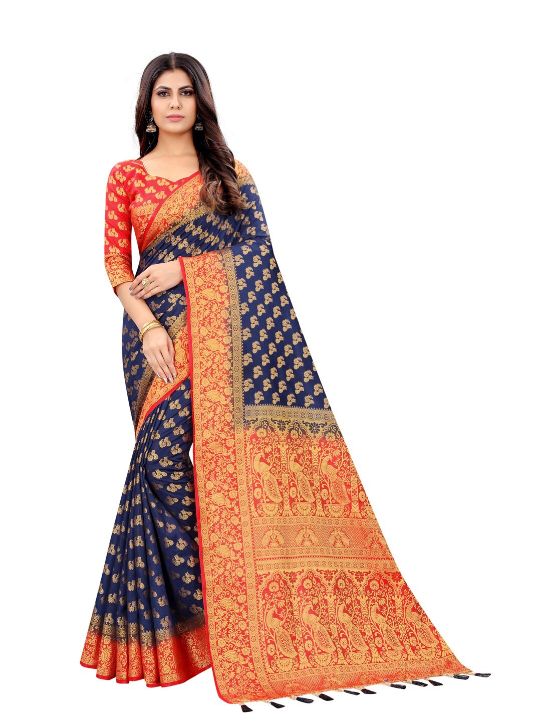 

PERFECT WEAR Navy Blue & Red Woven Design Zari Silk Cotton Banarasi Saree