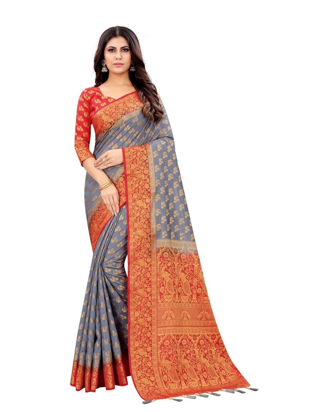 

PERFECT WEAR Grey & Red Woven Design Zari Silk Cotton Banarasi Saree