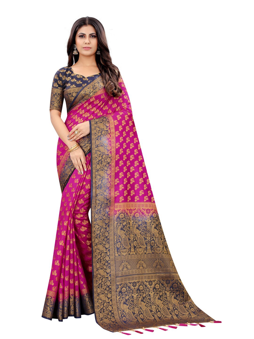 

PERFECT WEAR Pink & Blue Ethnic Motifs Silk Cotton Banarasi Saree