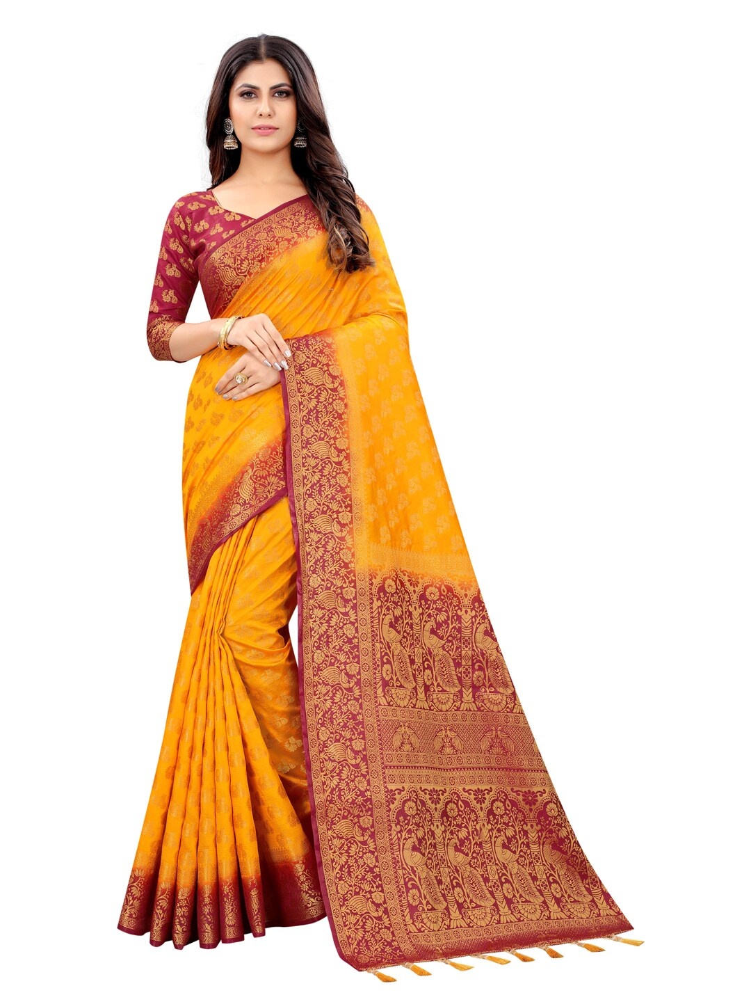 

PERFECT WEAR Maroon & Red Woven Design Zari Silk Cotton Banarasi Saree