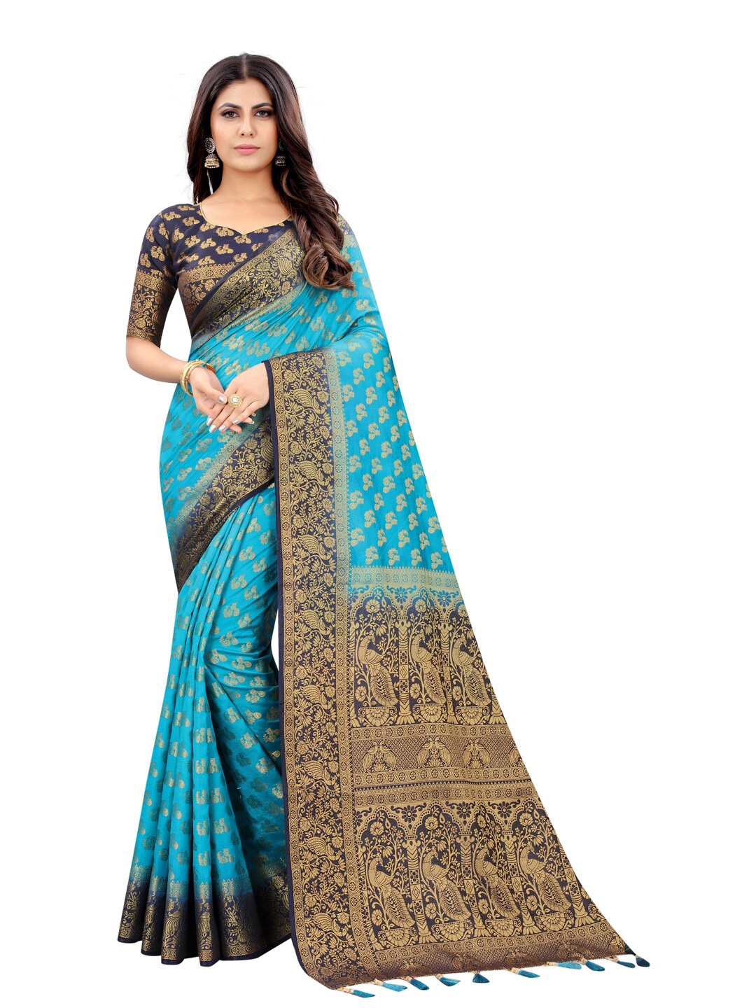 

PERFECT WEAR Blue & Gold-Toned Ethnic Motifs Zari Silk Cotton Banarasi Saree