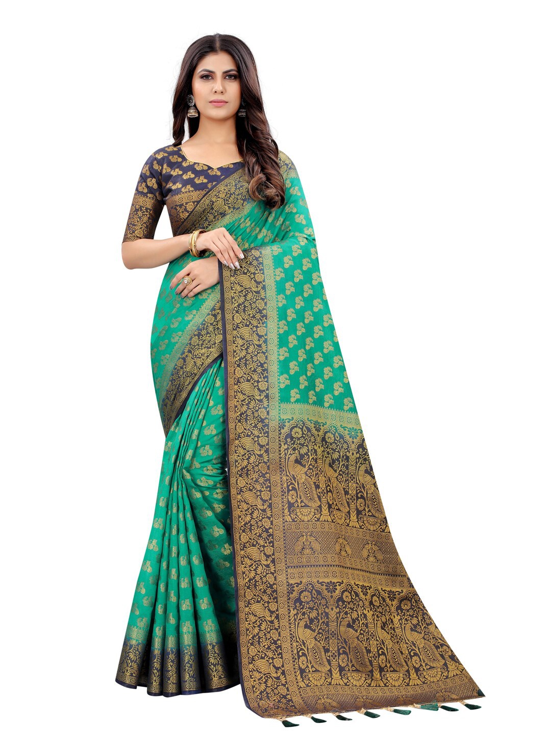 

PERFECT WEAR Green & Navy Blue Woven Design Zari Silk Cotton Banarasi Saree