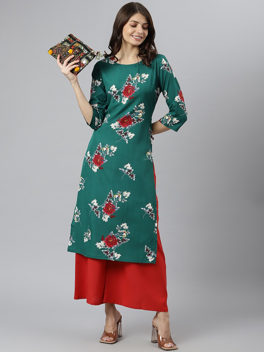 

KALINI Women Green & Red Floral Printed Floral Crepe Kurta