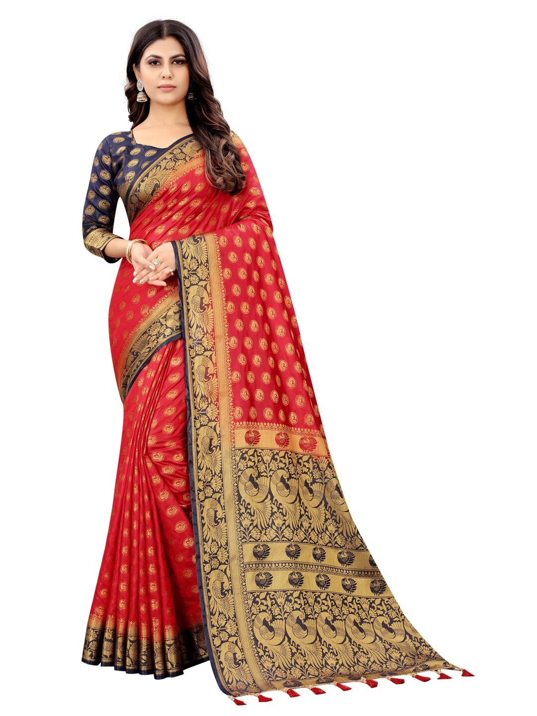 

PERFECT WEAR Red & Navy Blue Ethnic Motifs Silk Cotton Banarasi Saree