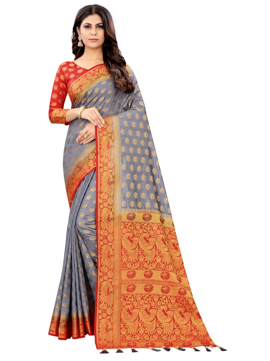 

PERFECT WEAR Grey & Red Woven Design Zari Silk Cotton Banarasi Saree