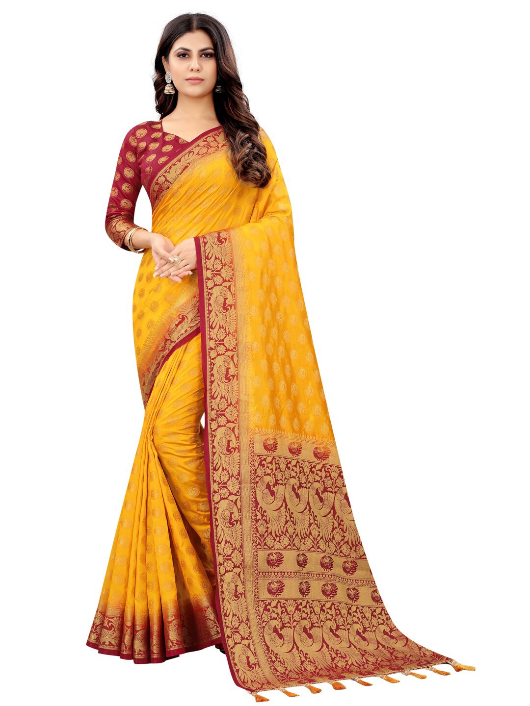 

PERFECT WEAR Yellow & Red Woven Design Zari Silk Cotton Banarasi Saree