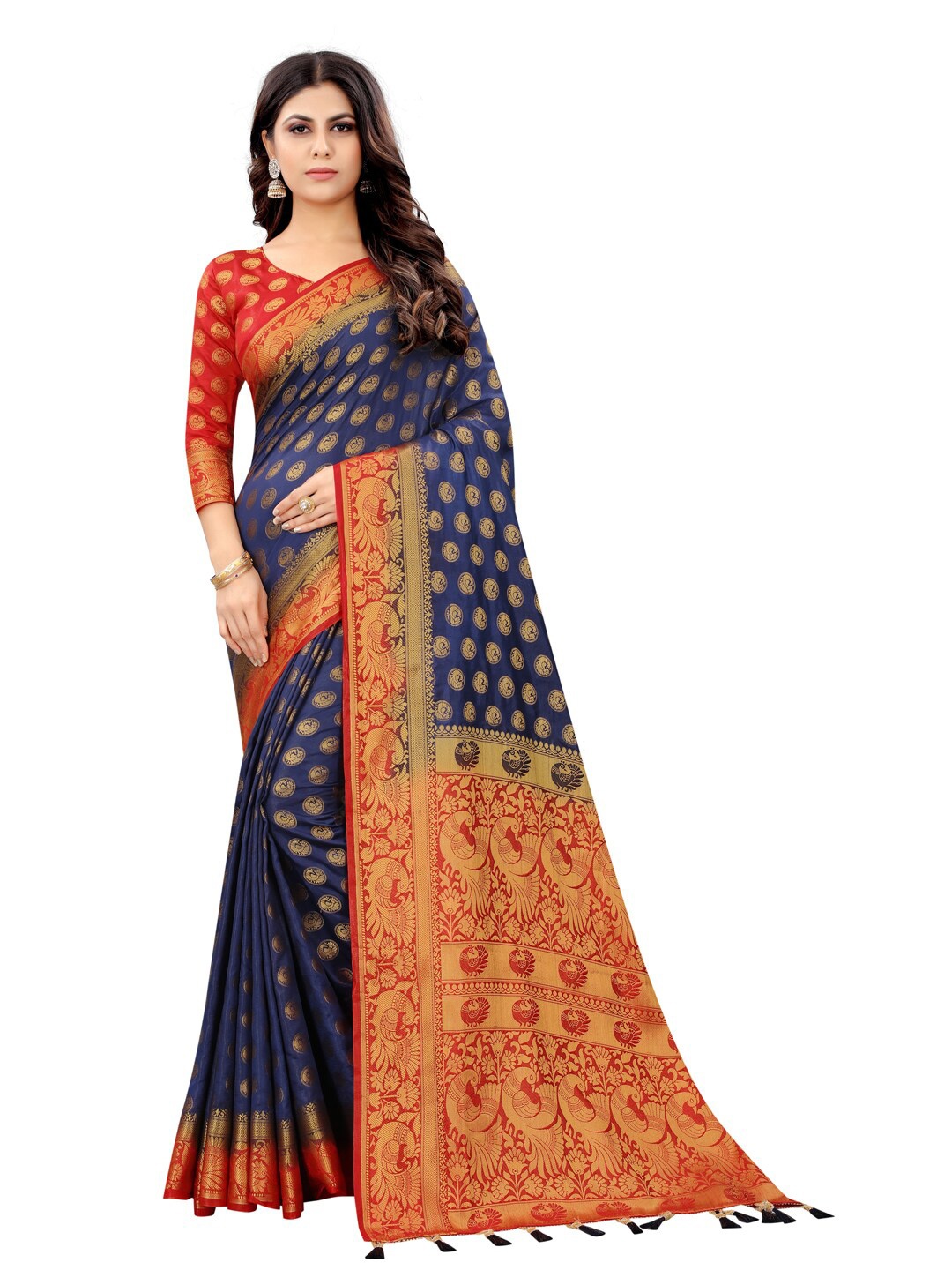 

PERFECT WEAR Blue & Red Ethnic Motifs Zari Silk Cotton Banarasi Saree